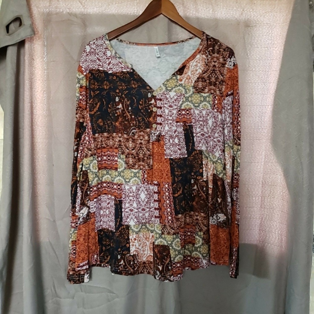 Cathy Shirt Womens 2XL Multicolor Rayon Spandex V Neck Tunic Long Sleeve Fall